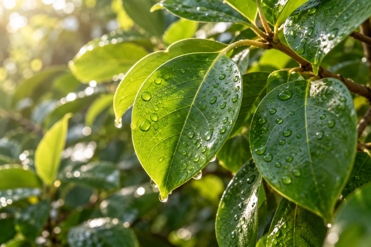 Fresh green leaves with clear droplets of water in natural sunlight
